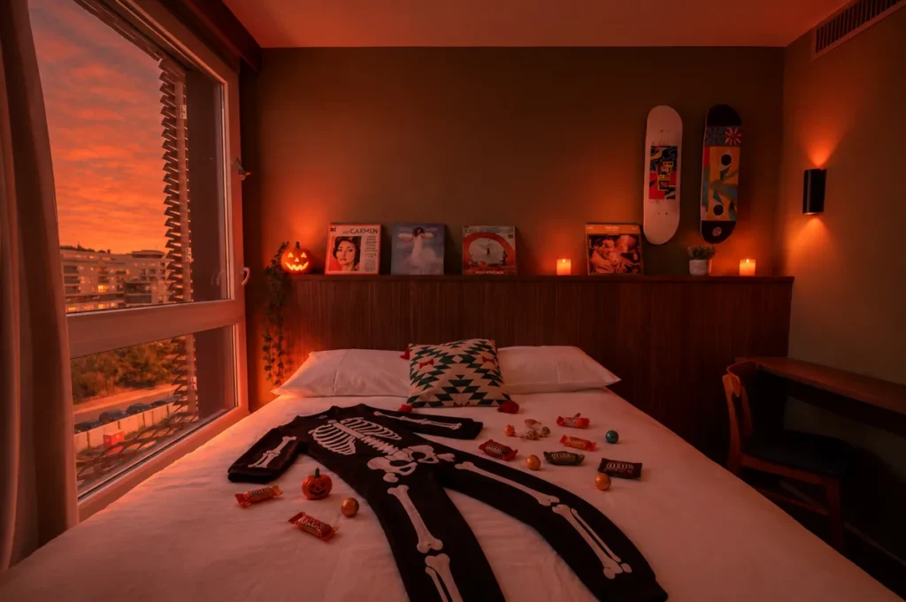 Chambre de l'hôtel JOST Montpellier décorée pour Halloween au coucher du soleil, pyjama squelette et bonbons sur le lit