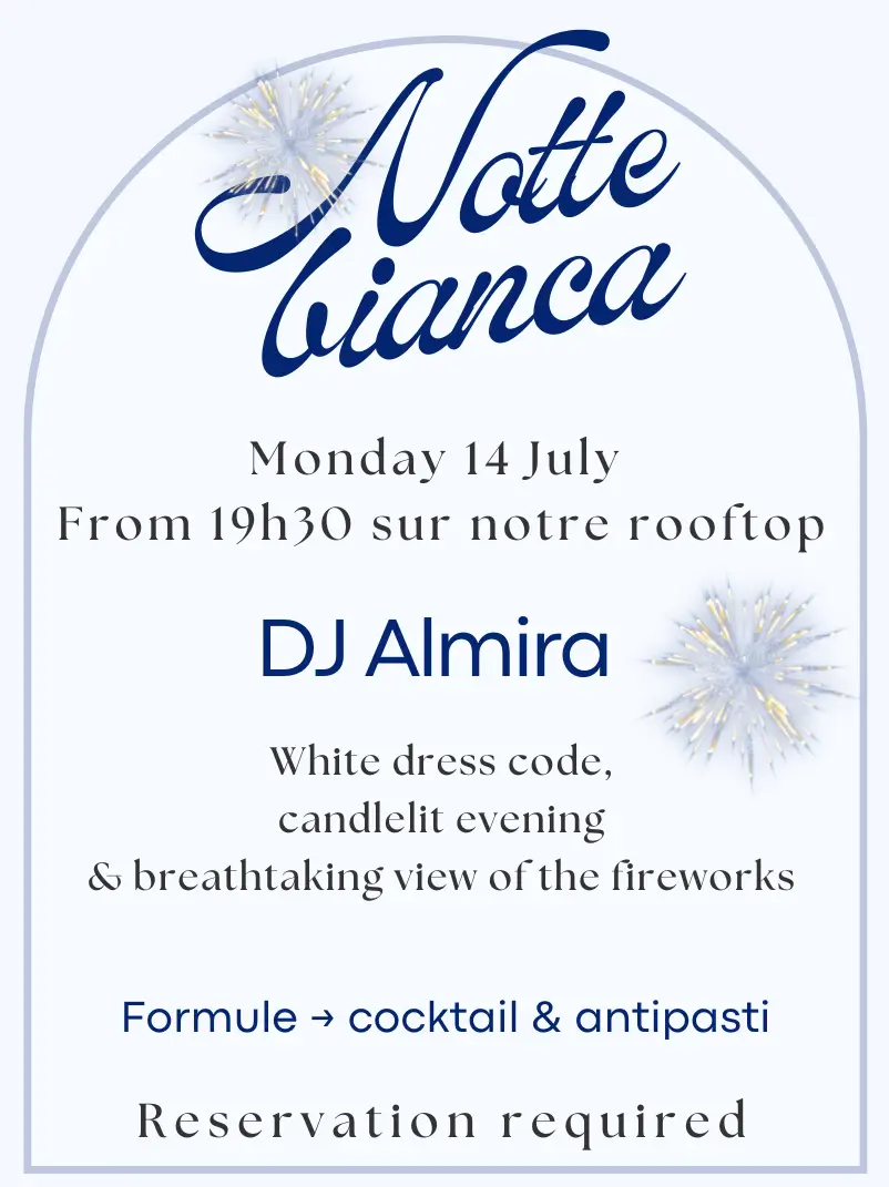 NOTTE BIANCA White dress code Candlelit evening Duo DJ Almira & breathtaking view of the fireworks Formule ➡️Cocktail & Antipasti ⚠️Reservation compulsory
